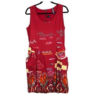 Desigual Multicolored Red Abstract Sleeveless Dress Bubble Hem Layering Size 38